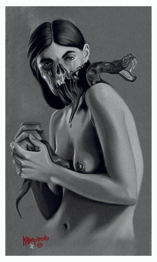 Nude woman with snake going through her chest sticker